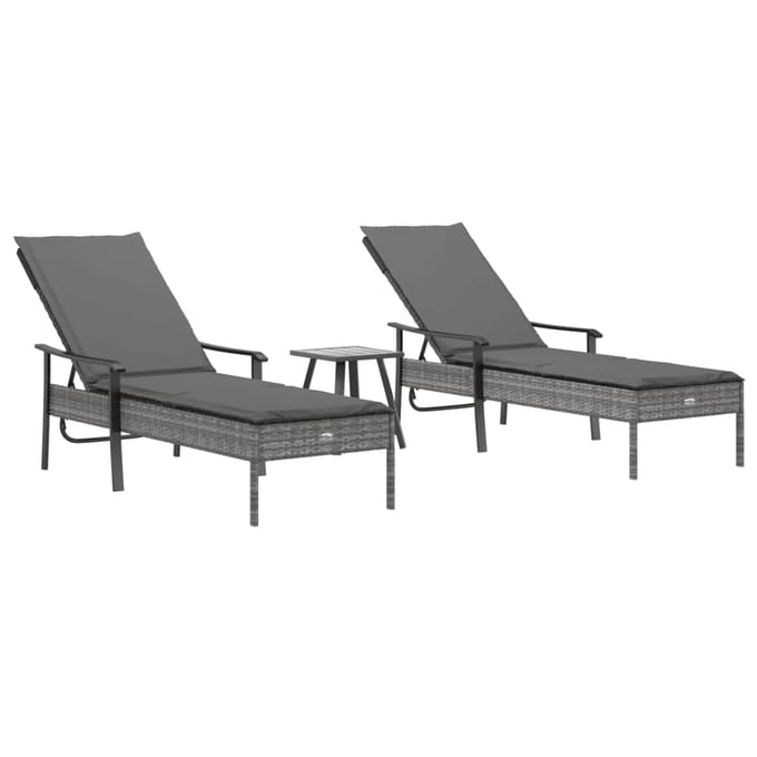 vidaXL - Ligbedden - 2 - st - met - tafel - en - kussens - poly - rattan - grijs