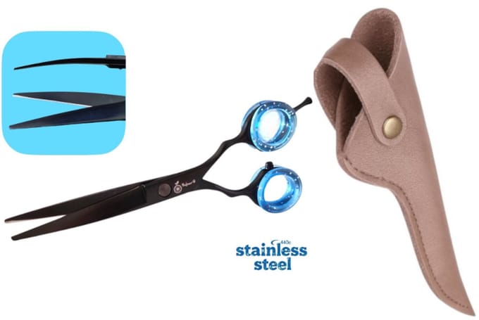 Professionele Hondenschaar – Ergonomische Kromme Trimschaar + Luxe Lederen Schaar Etui van Professor Q – 16,5 cm – Brons