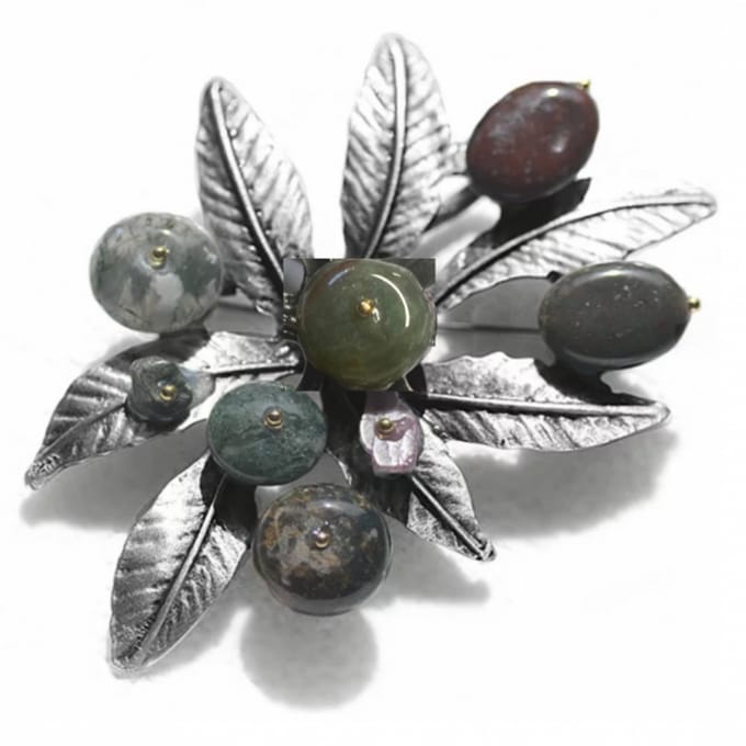 Broche- grijs/groen- blad- Charme Bijoux
