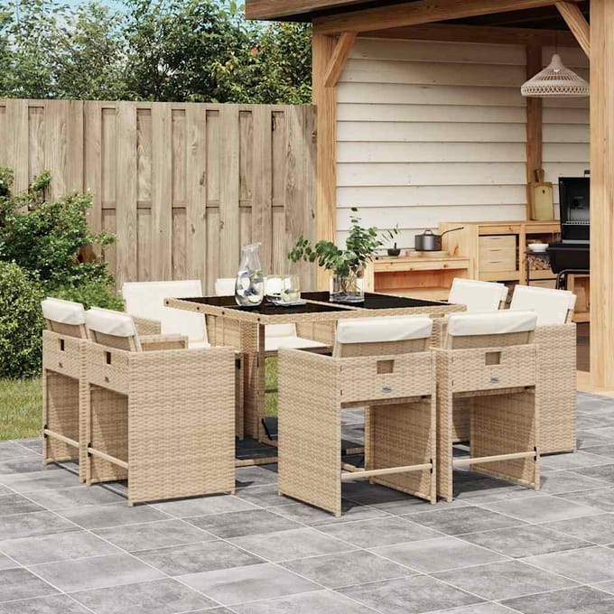 vidaXL - 9-delige - Tuinset - met - kussens - poly - rattan - beige