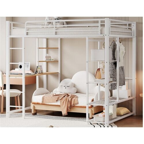 ModernLuxe Metalen mezzaninebed 140x200cm - met tafel en planken - Wit