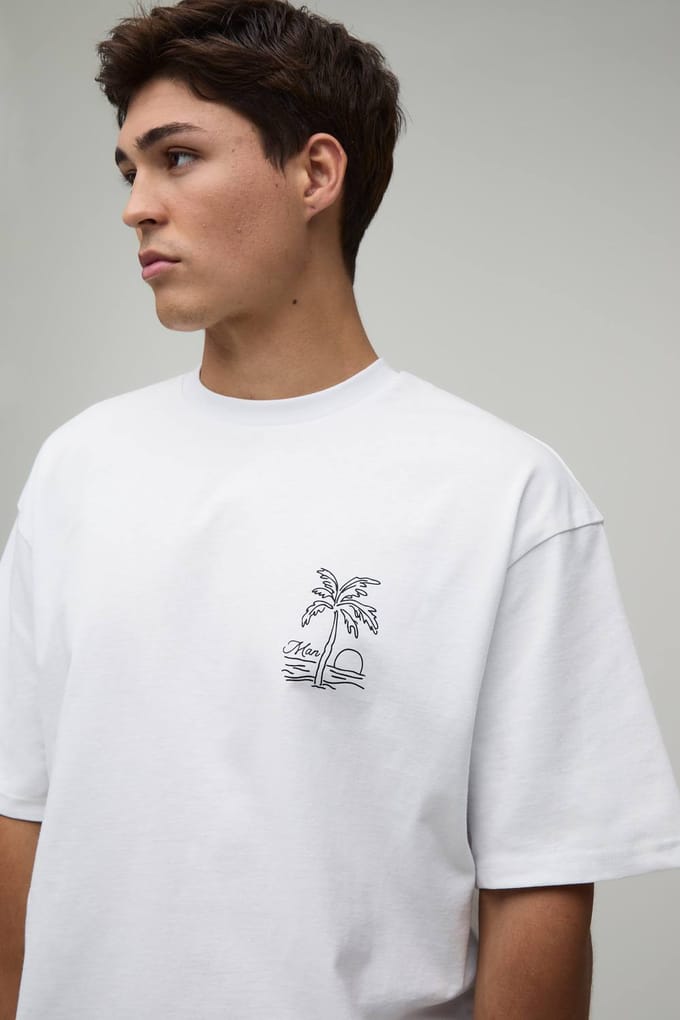 Hoog-laag T-shirt En Short Set Met Palmborduursel In Oversized Pasvorm | Black/White | Size Medium