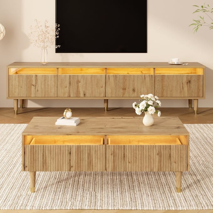 REDOM - Woonkamerset - Ledverlichting En Golfstructuur - Modern - Voor Woonkamer - MDF - Houtkleur-Goud