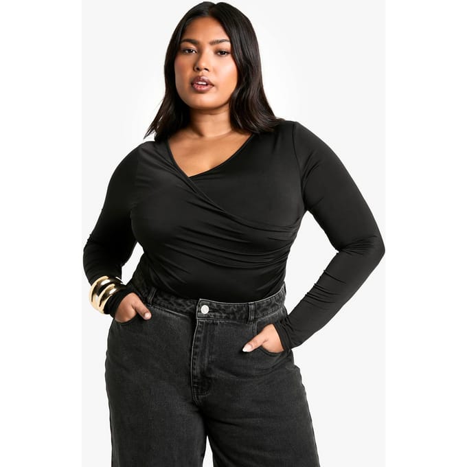 boohoo Dames Plus Double Layer Geraffeld V-Hals Bodysuit | Zwart | Maat: 56