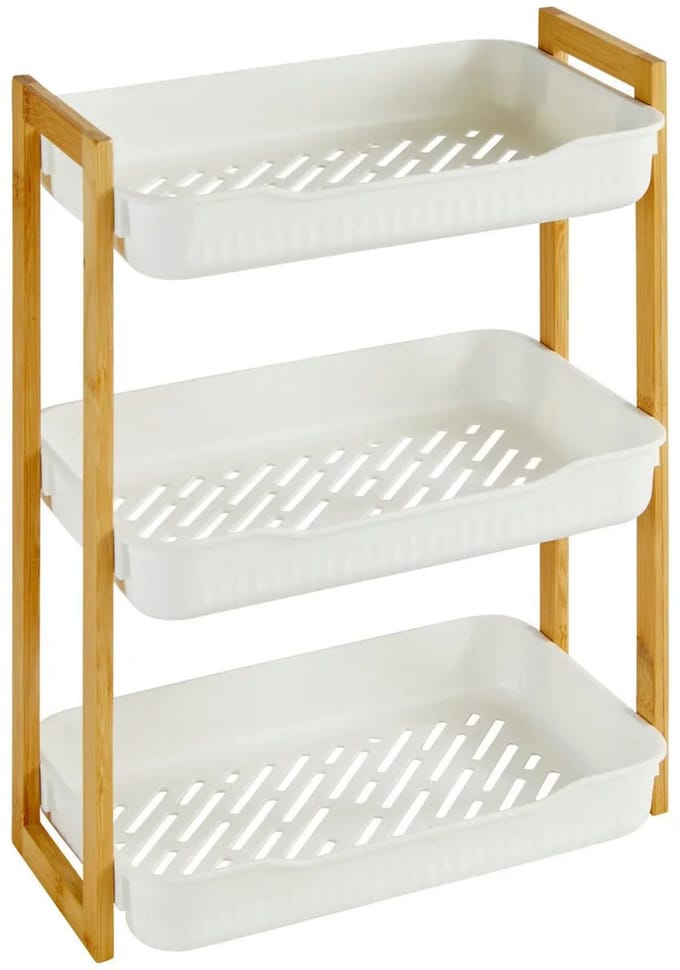 5Five Badkamer douche rekje - 3 laags - recht model - wit - kunststof/bamboe - 35 x 20 x 45 cm