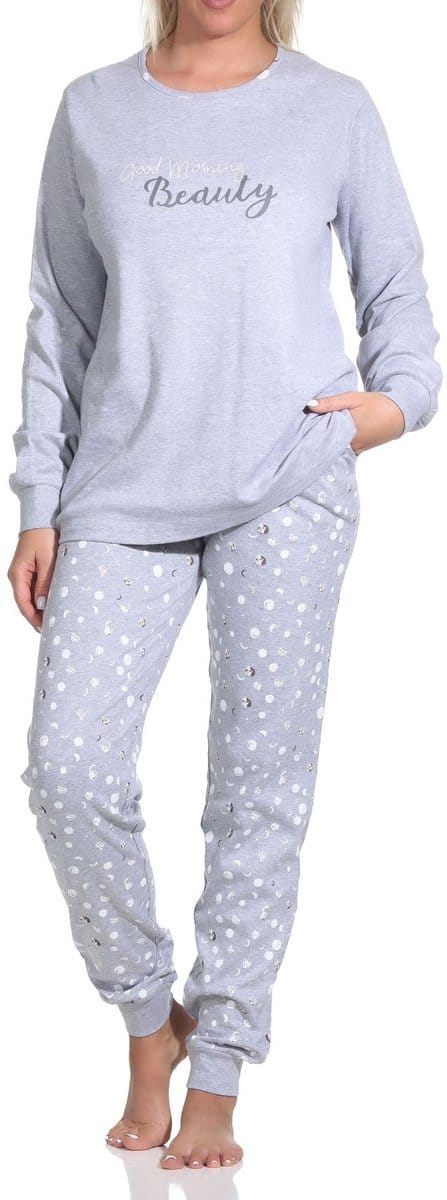 Lange damespyjama met manchetten in knuffel interlock kwaliteit in polka-dot look