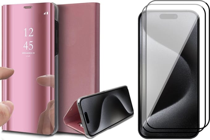 Hoesje geschikt voor iPhone 15 Pro Max - 2x Screen Protector FullGuard - Book Case Spiegel Roségoud & Screenprotector