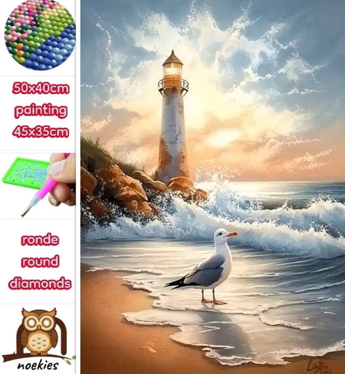 50x40cm Diamond Painting vuurtoren zee (rond) nr 74