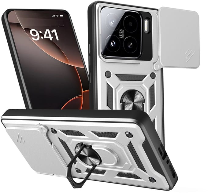 MobyDefend Hoesje - Geschikt voor Xiaomi 15 - Pantsercase Met Draaibare Ring - Zilvergrijs