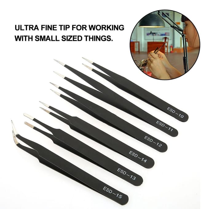 6PCS Anti static Tweezers Stainless Steel Tweezer Maintenance Tool black