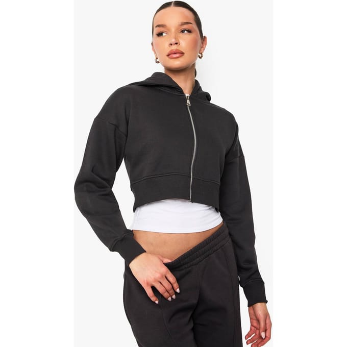 boohoo Dames Ingekrompen Zip Through Hoodie | Zwart | Maat: Medium