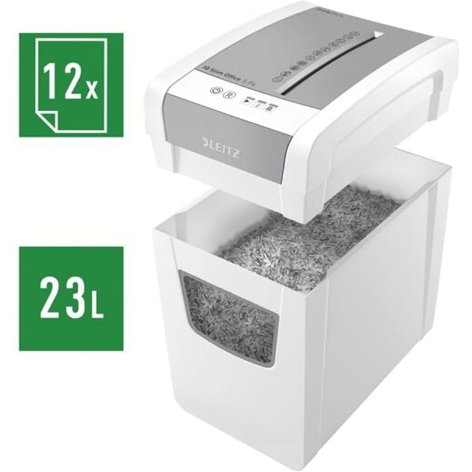 Leitz IQ papiervernietiger, 12 vel, opvangbak van 23 liter, tiptoetsbediening, stille werking,