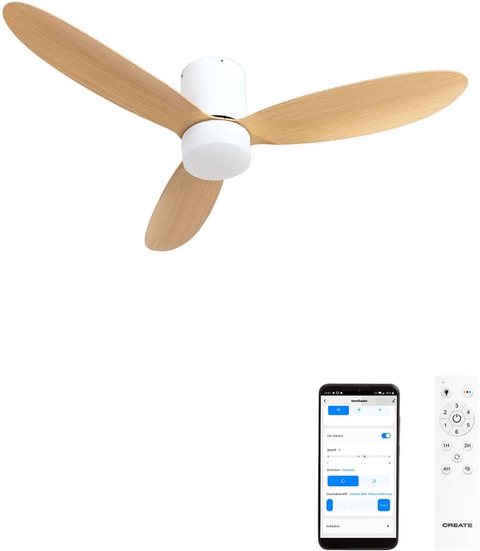 CREATE - 40W stille plafondventilator Ø132 cm - Wit / Licht hout - Met licht - WIFI + Afstandsbediening - WIND LITE