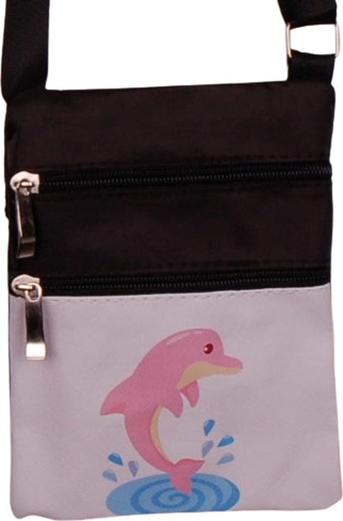 Schoudertasje - Dolfijn Roze Geanimeerd Splash - Zwart - Verstelbaar - 19x14,5cm