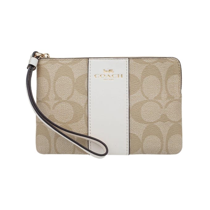 Coach Hoek Ritssluiting 16 Monogram Canvas en Leer Polsbandje Clutch Kleine Dames clutch Wit Khaki 58035-IMDQC Gift Box Set (Basic Set+Yellow Box) beige