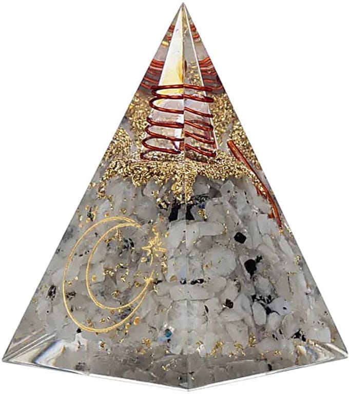Orgoniet pyramide maansteen met maan symbool – 6 cm x 6 cm x 8,5 cm