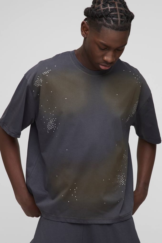 Oversized Boxy Washed Rhinestone T-Shirt | Charcoal | Size Small
