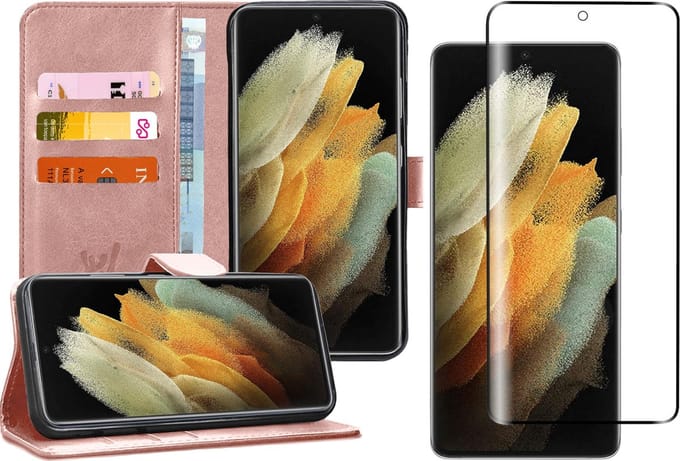 Hoesje geschikt voor Samsung Galaxy S21 Ultra - Screen Protector FlexGuard - Book Case Kunstleer Pasjeshouder Rosegoud & Screenprotector