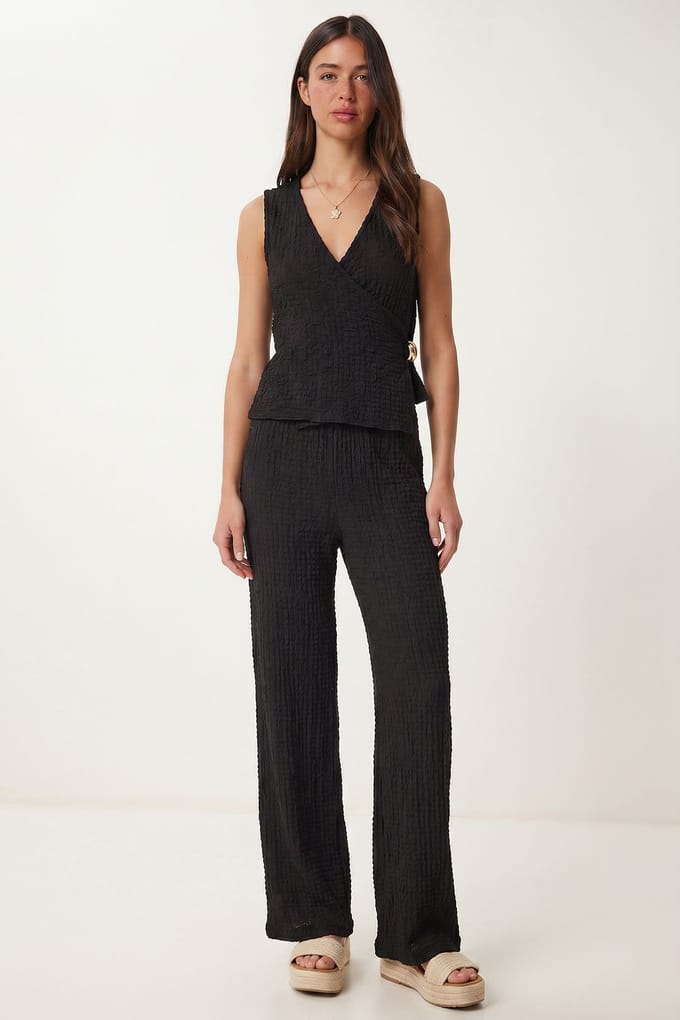 Gestructureerde V-hals Hoge Taille Co-Ord Set met Wijde Pijpenbroek
