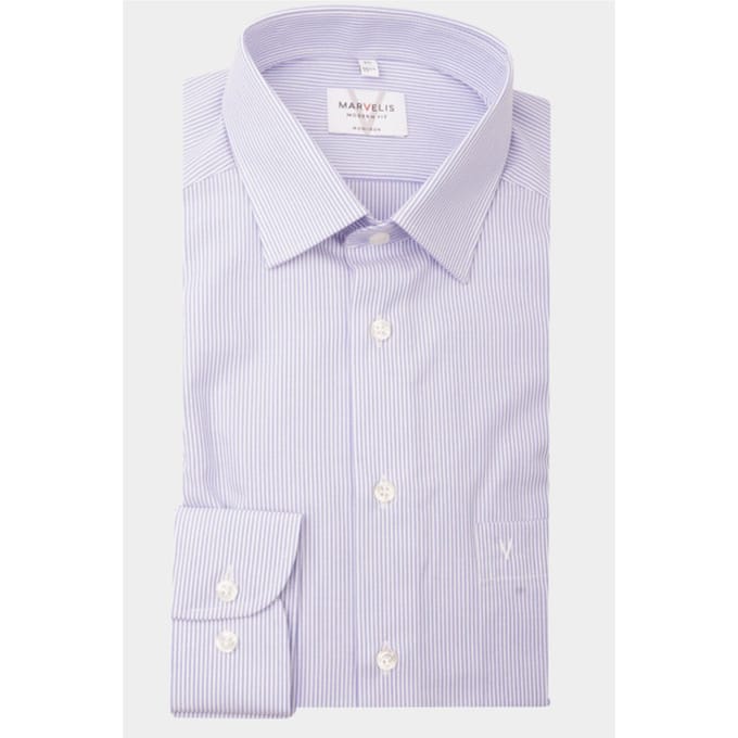MARVELIS modern fit overhemd - blauw met wit gestreept - Strijkvrij - Boordmaat: 45