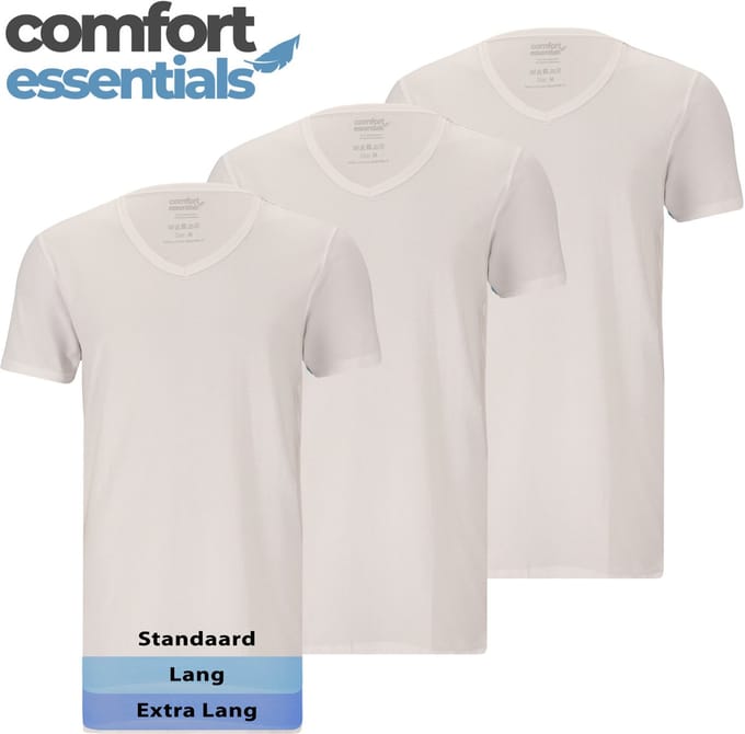 Comfort Essentials - T Shirts Heren - Extra Lang - Wit M - 3 Pack -V Hals - Ondershirt Heren