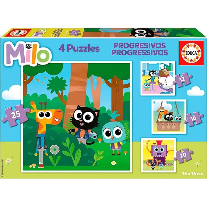 De progressieve puzzels van 12-16-20-25 stukken Educa Milo (x4)