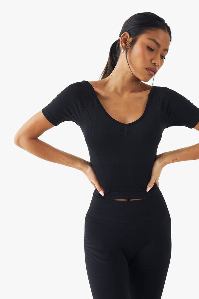 boohoo Dames Premium Sculpt Naadloos Korte Mouwen Top | Zwart | Maat: Large