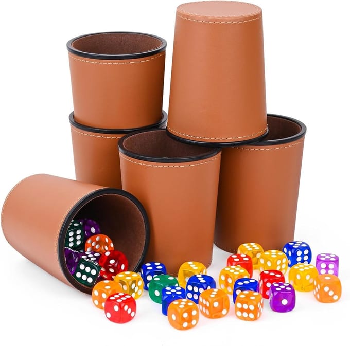 Set van 6 Leren Dobbelbeker met Deksel en 6 Dobbelstenen voor Feestspellen en Bordspellen
