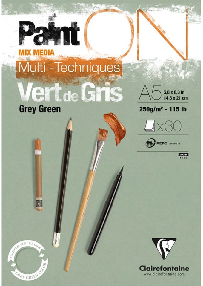 Clairefontaine - Paint ON - Multi-Techniek Pad - Tekenpapier - Schilderpapier - Grijs Groen - A5 - 250 g - 30 vel
