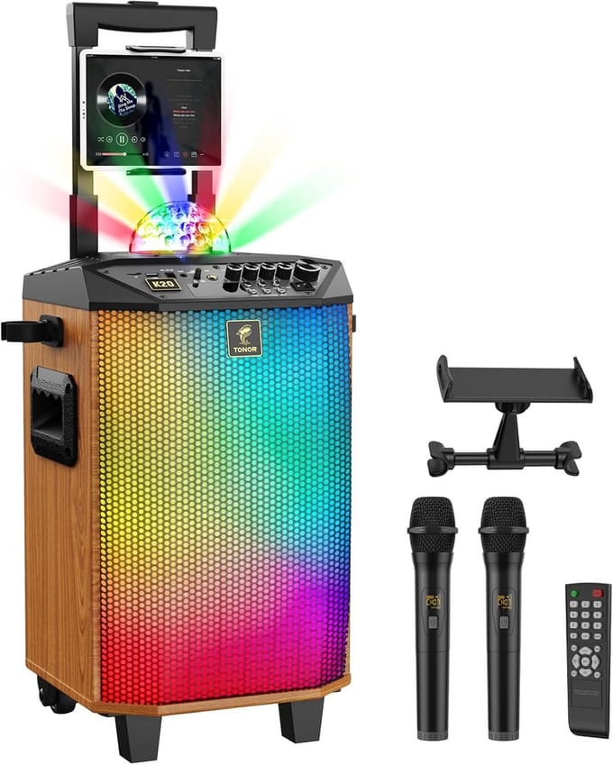 Draagbare Karaoke Machine met 2 Draadloze Microfoons en LED Disco Verlichting