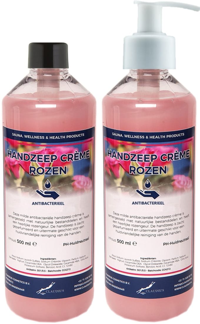 Handzeep Crème Rozen 500 ml - set van 2 stuks - met gratis pomp - Voordeelverpakking