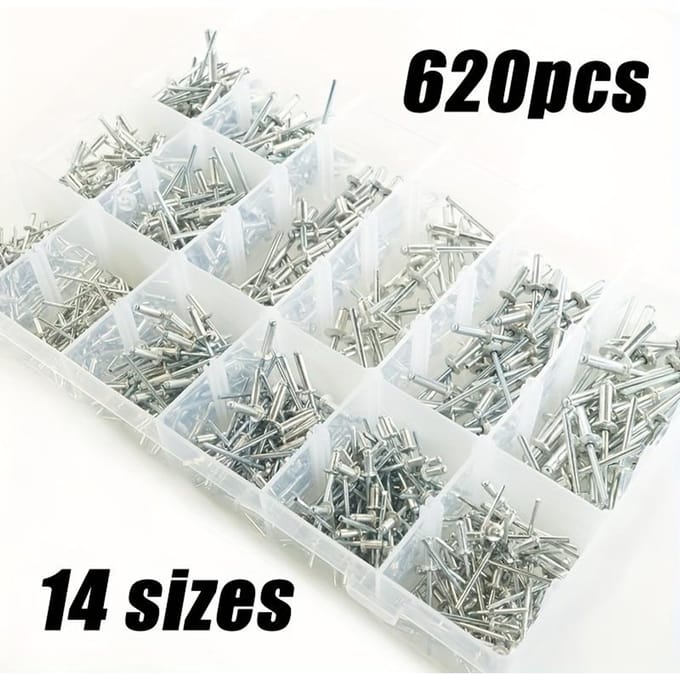 620 stuks Aluminium Blindklinknagels, 14 Maten Popnagels Assortimentskit, 1/8  3/16 3/32  5/32  Diameter Blindklinknagelset 1set