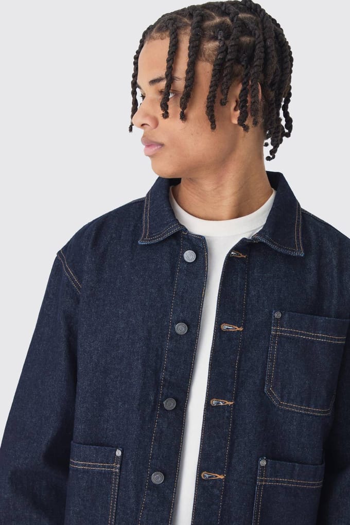 Boxy Fit Turn Up Denim Jacket In Indigo | Size Medium