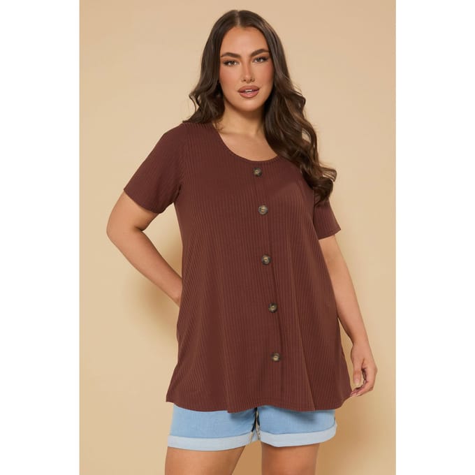 Yours Geribbeld Tshirt Met Knoopsluiting In Roestoranje Size 48
