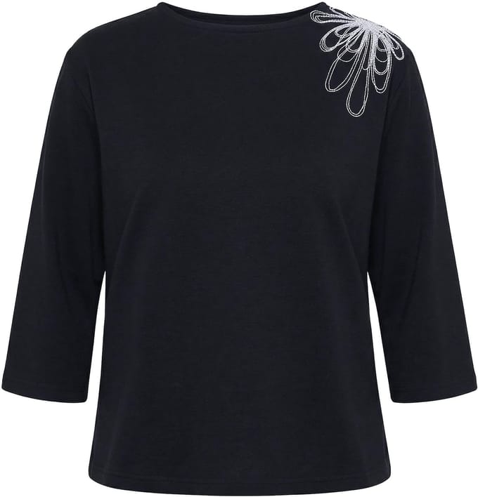 Ulla Popken - Dames - Sweatshirt borduursel boothals 3/4-mouwen - Zwart - Maat 46+