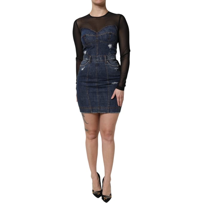 Denim Mini-jurk met Gelaagd Mesh en Versleten Effect
