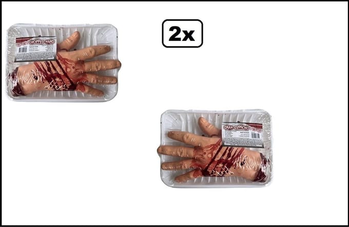 2x Hand op vlees schaaltje - plastic - Halloween horror griezel - Funny Fashion Halloween lichaam ledematen 18 cm