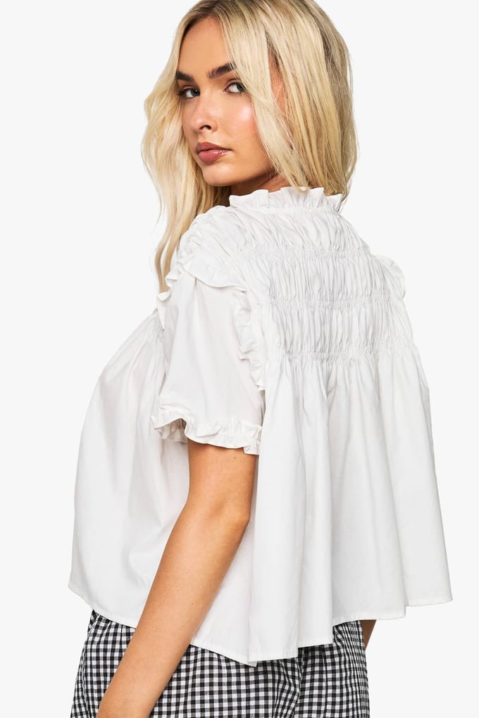 boohoo Dames Ruched Poplin Smock Top | White | Maat: 6