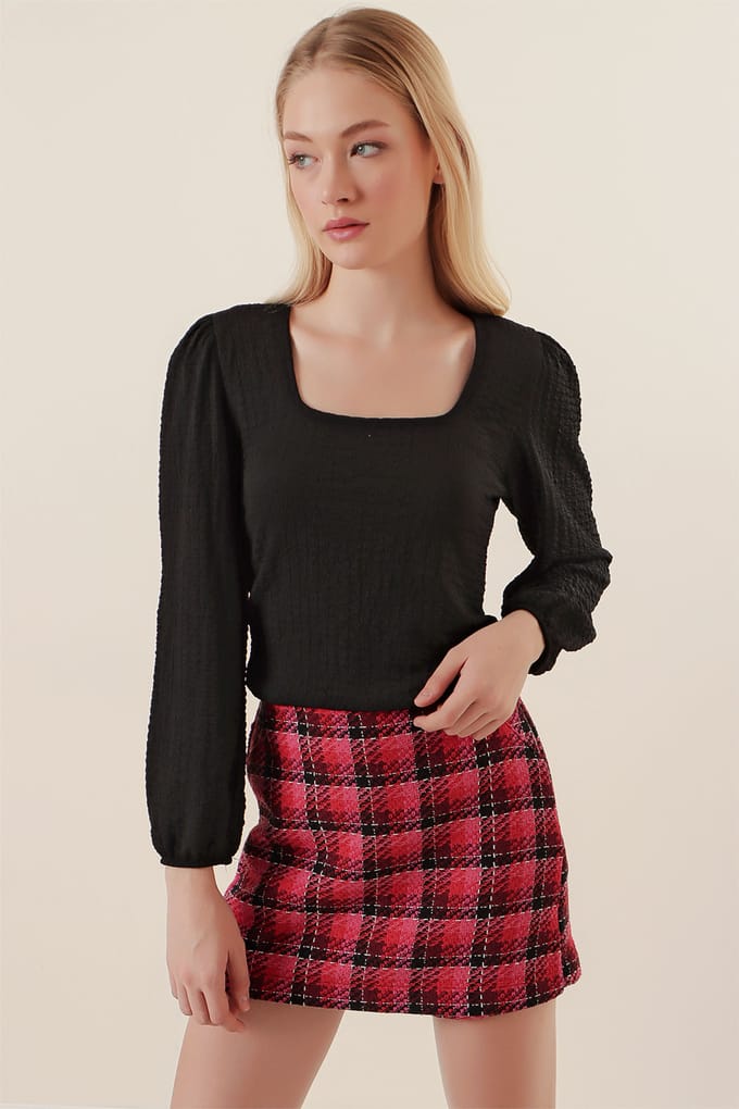 Getextureerde Vierkante Kraag Lange Mouwen Blouse