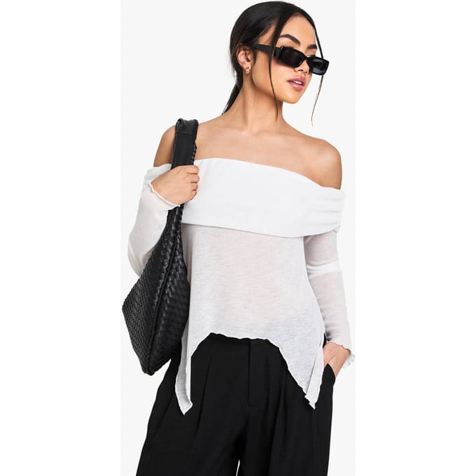 boohoo Dames Transparante Mesh Bardot Top met Drape Detail | White | Maat: 8