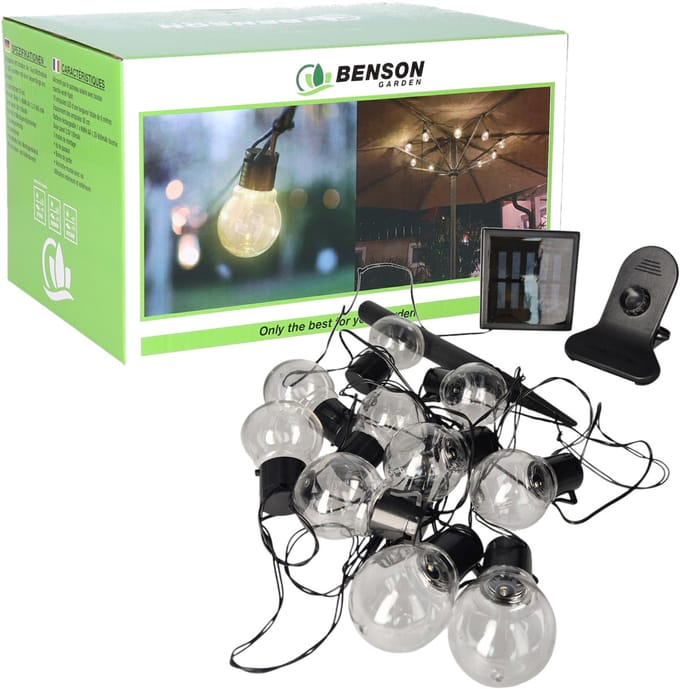 Benson Solar LED lichtslinger - 3x - 10 lampjes - 6 meter - zonnepaneel - buitenverlichting