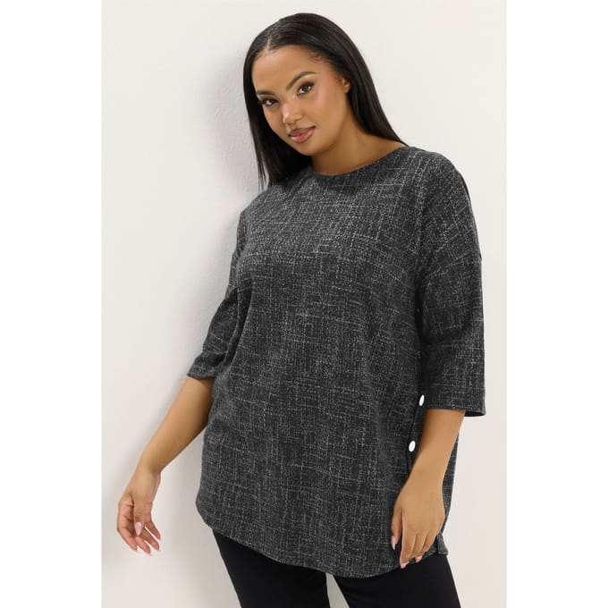 Yours Donkergrijze Geruite Top Met Knopen Aan De Zijkant Size 48