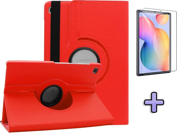HB Hoes Geschikt voor Samsung Galaxy Tab S6 Lite - Draaibare Tablet Case met Standaard - Rood & Glazen Screenprotector
