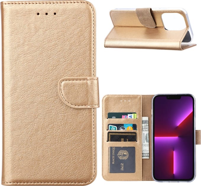Hoesje Geschikt voor iPhone 14 Plus portemonnee Bookcase – Goud