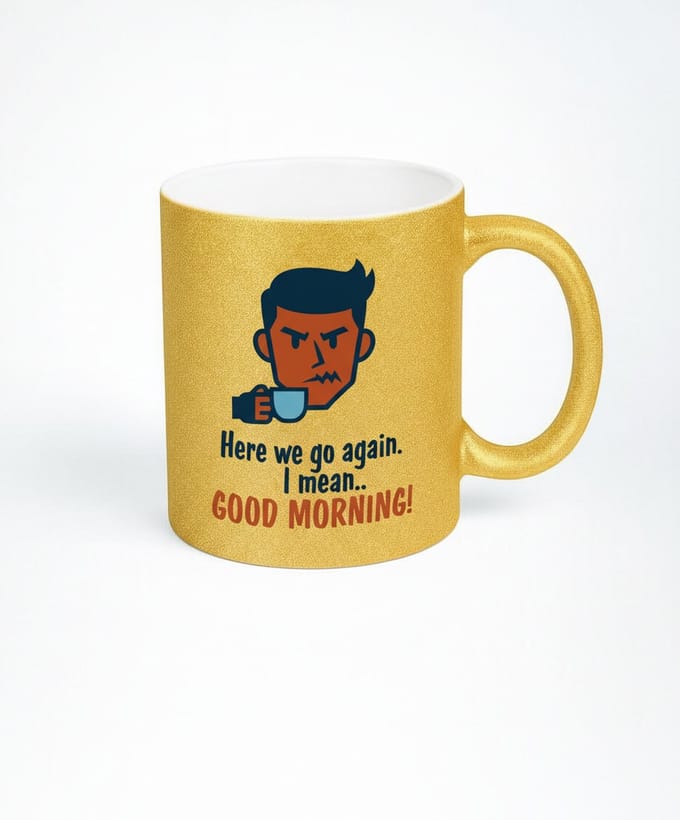 Gouden Glitter Mok "Here we go again" - Koffie Humor Cadeau