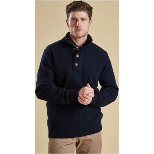 Barbour half zip trui donkerblauw met knopen en elleboogstukken