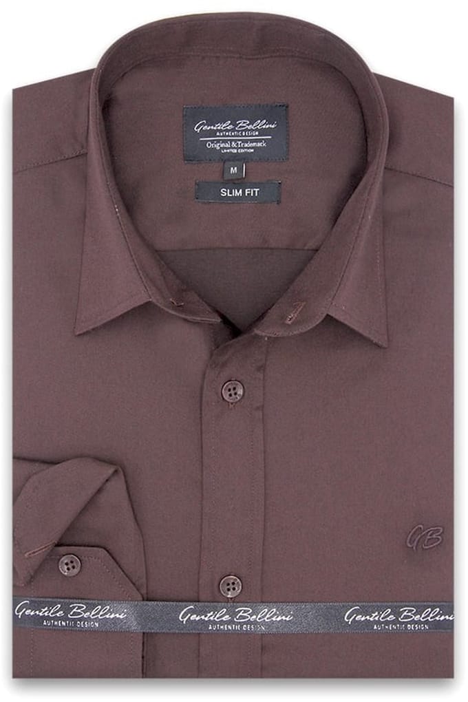 Heren Overhemd - Slim Fit - Luxury Plain Satijn - Bruin - Maat S
