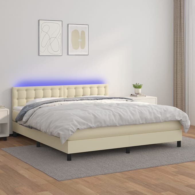 vidaXL - Boxspring - met - matras - en - LED - kunstleer - crèmekleurig - 160x200 - cm