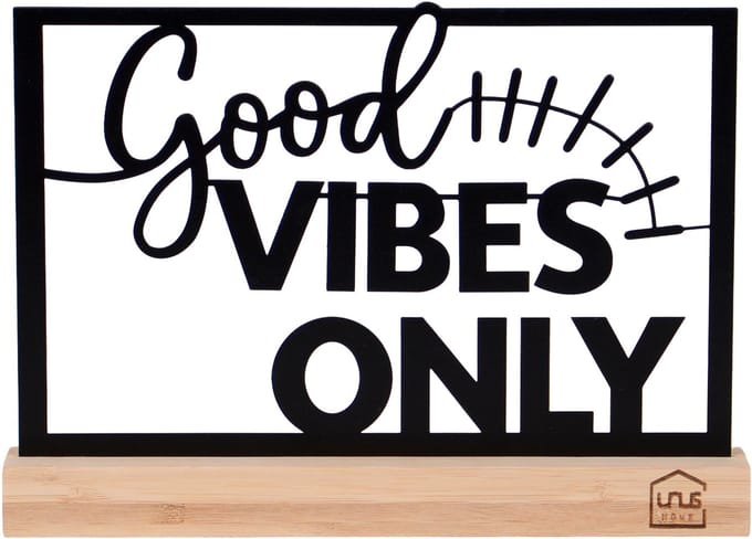 UNUS decoratieve standaard met tekst "Good Vibes Only" van metaal met bamboe voet