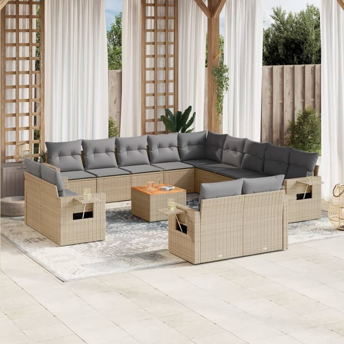 vidaXL - 14-delige - Loungeset - met - kussens - poly - rattan - gemengd - beige
